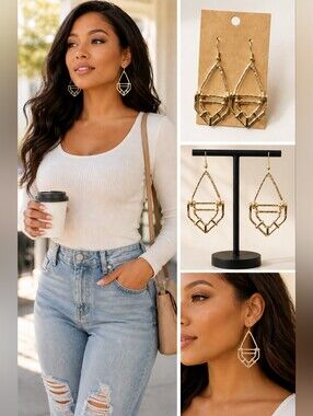 Hammered Texture Gold Geometric Drop Earrings | Boho Chic Statement Earrings